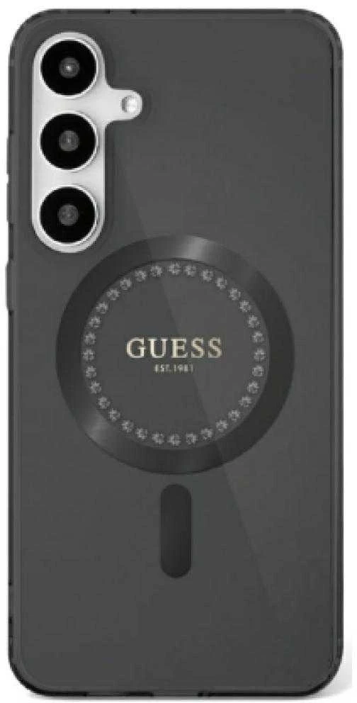 Dėklas Guess Rhinestones Printed Classic Logo MagSafe Samsung Galaxy S25 juodos spalvos
