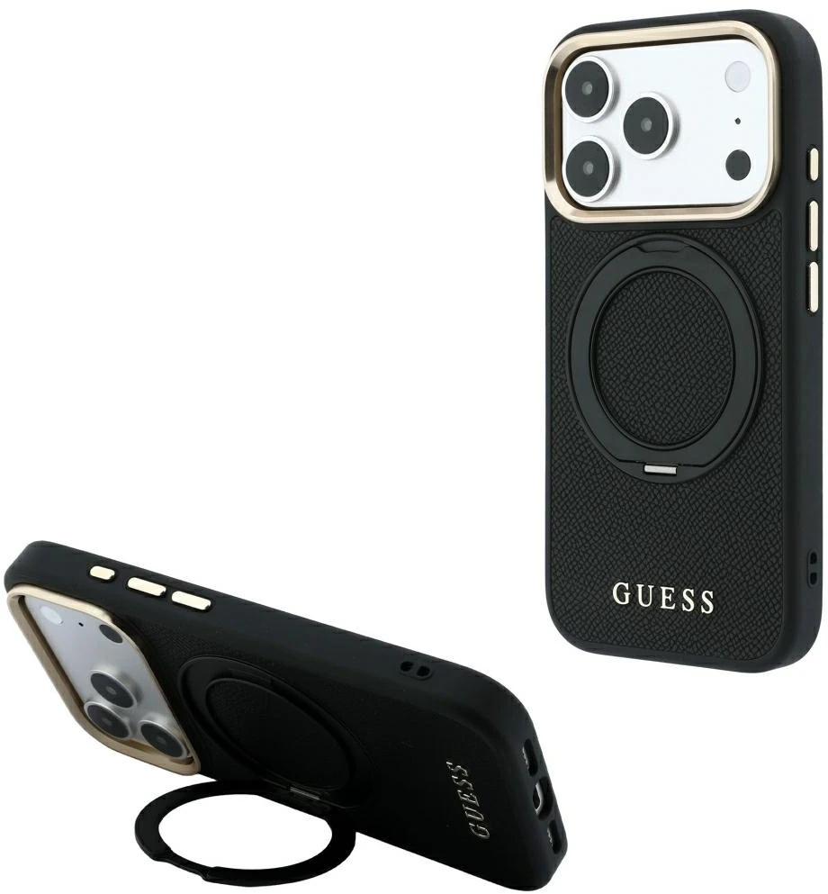 Guess Ring Stand 360 Grained Classic Logo MagSafe dėklas, skirtas iPhone 18 Pro / 17 Pro, juodas