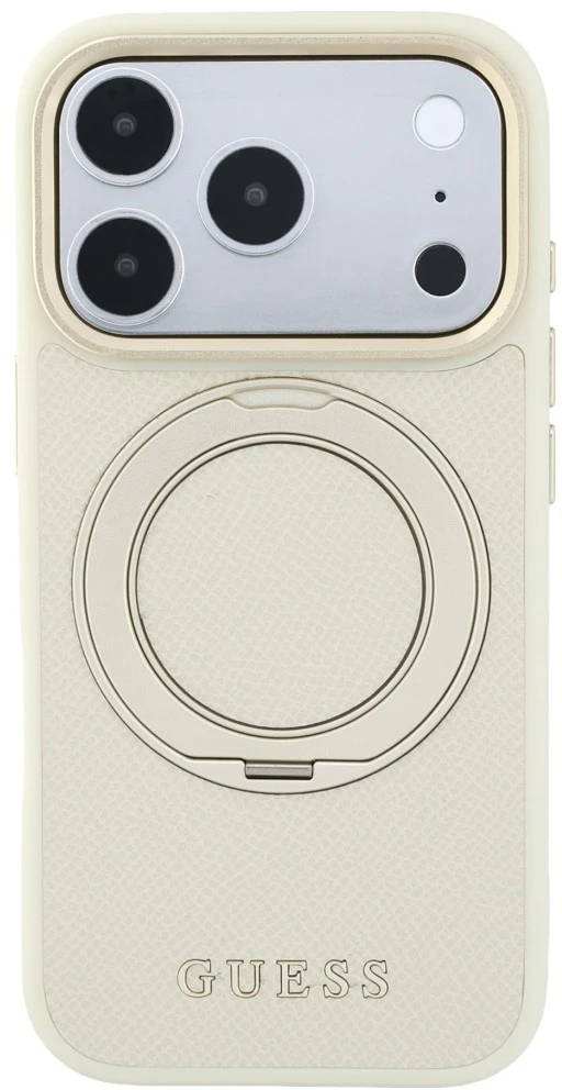 Guess Ring Stand 360 Grained Classic Logo MagSafe dėklas, skirtas iPhone 18 Pro Max / 17 Pro Max, smėlio spalvos
