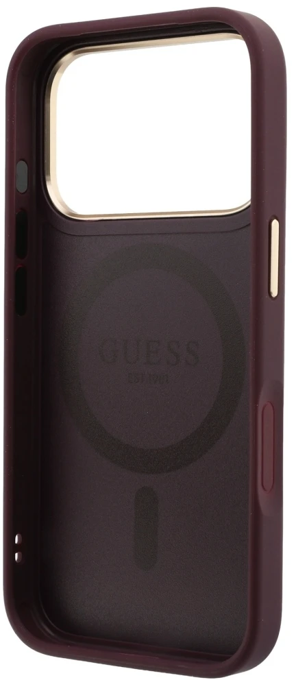 Guess Ring Stand 360 Grained Classic Logo MagSafe dėklas, skirtas iPhone 18 Pro / 17 Pro, bordo spalvos