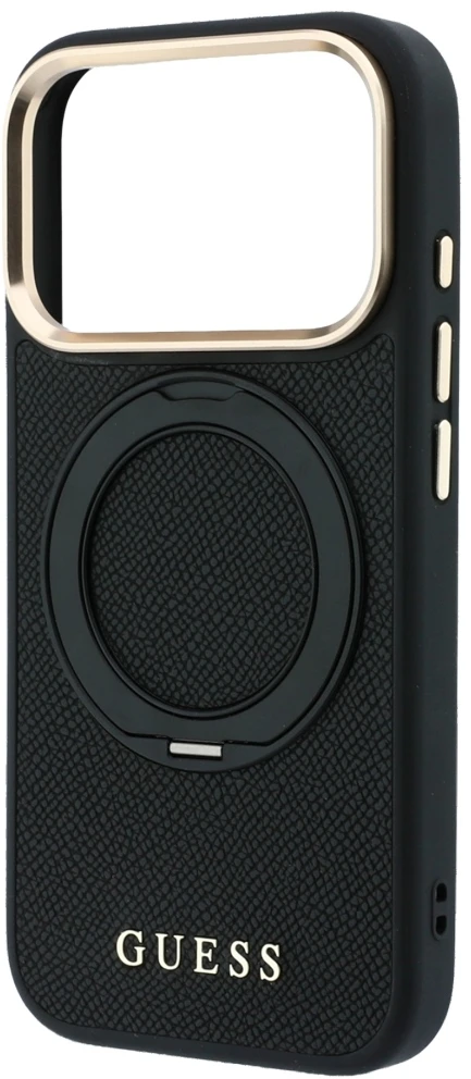 Guess Ring Stand 360 Grained Classic Logo MagSafe dėklas, skirtas iPhone 18 Pro / 17 Pro, juodas