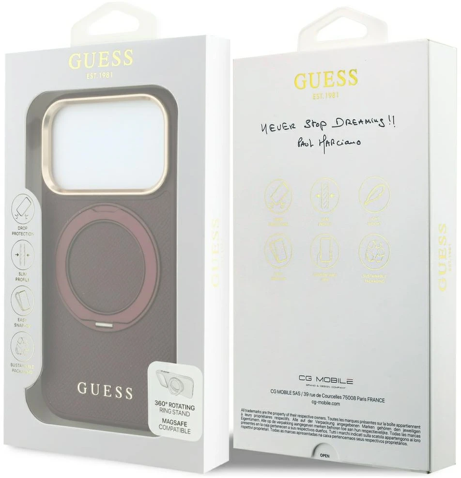 Guess Ring Stand 360 Grained Classic Logo MagSafe dėklas, skirtas iPhone 18 Pro / 17 Pro, bordo spalvos