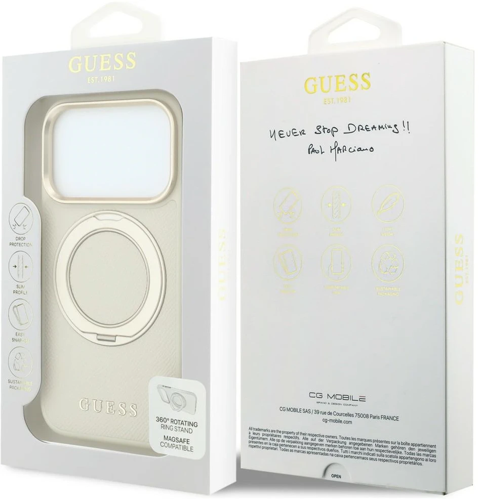 Guess Ring Stand 360 Grained Classic Logo MagSafe dėklas, skirtas iPhone 18 Pro Max / 17 Pro Max, smėlio spalvos