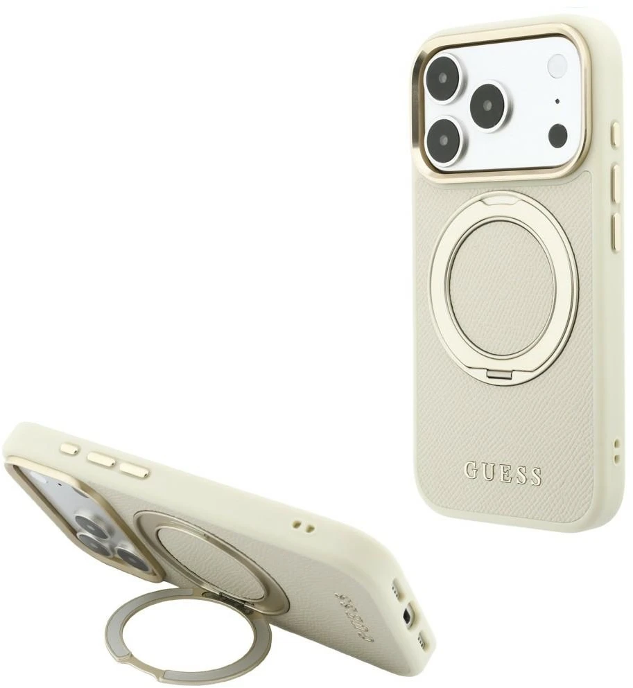 Guess Ring Stand 360 Grained Classic Logo MagSafe dėklas, skirtas iPhone 18 Pro Max / 17 Pro Max, smėlio spalvos