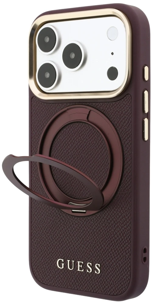 Guess Ring Stand 360 Grained Classic Logo MagSafe dėklas, skirtas iPhone 18 Pro / 17 Pro, bordo spalvos