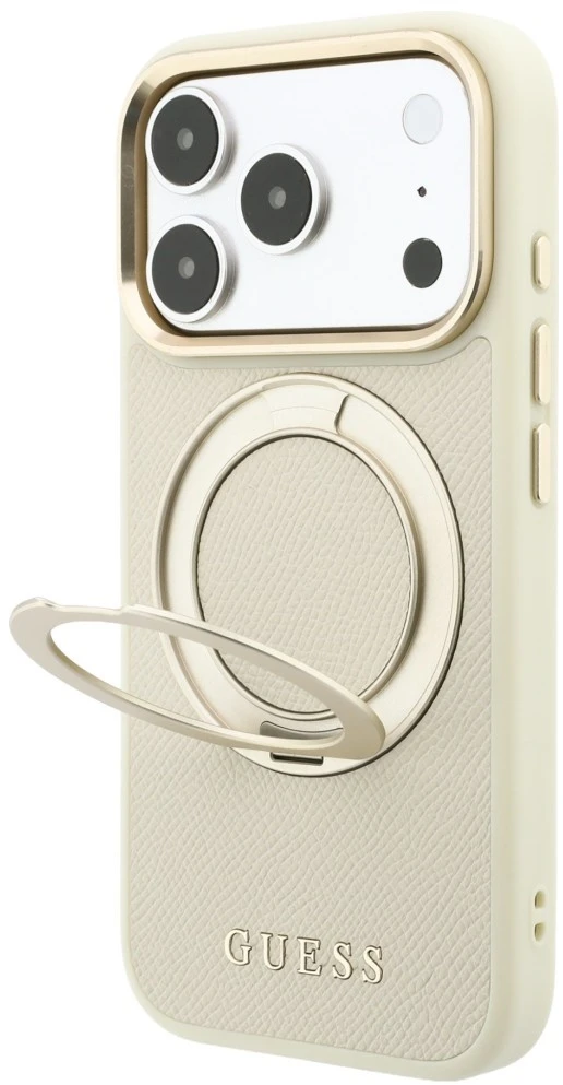 Guess Ring Stand 360 Grained Classic Logo MagSafe dėklas, skirtas iPhone 18 Pro Max / 17 Pro Max, smėlio spalvos