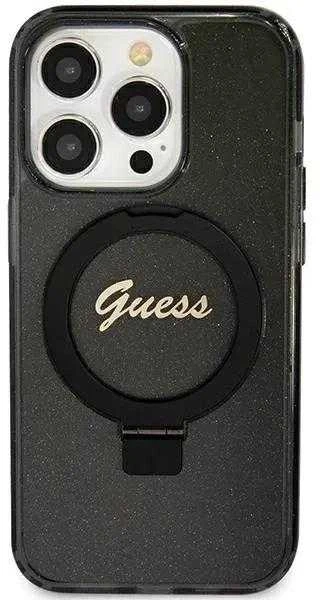 Guess GUHMP12MHRSGSK Apple iPhone 12/12 Pro 6.1″ juodos spalvos kietas dėklas Ring Stand Script Glitter MagSafe
