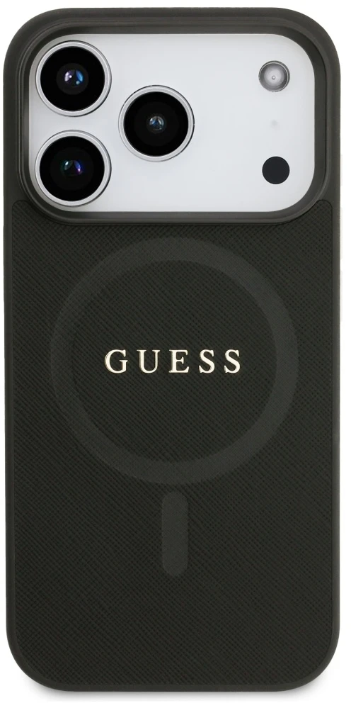 Guess Saffiano Classic Logo MagSafe dėklas Apple iPhone 17 Pro juodos spalvos