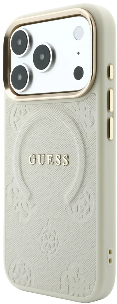 Guess Saffiano Peony & Ring MagSafe dėklas, skirtas iPhone 18 Pro Max / 17 Pro Max, smėlio spalvos