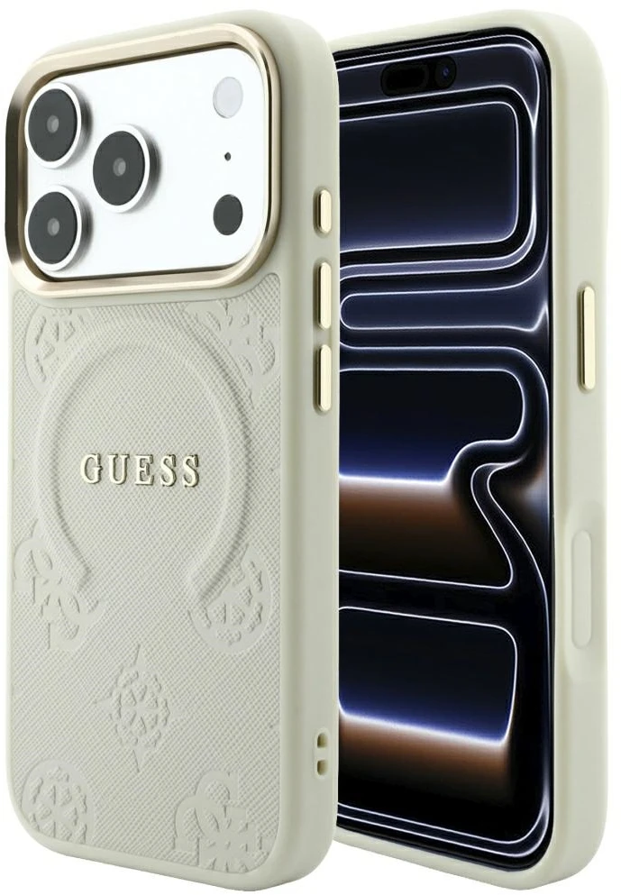 Guess Saffiano Peony & Ring MagSafe dėklas, skirtas iPhone 18 Pro Max / 17 Pro Max, smėlio spalvos
