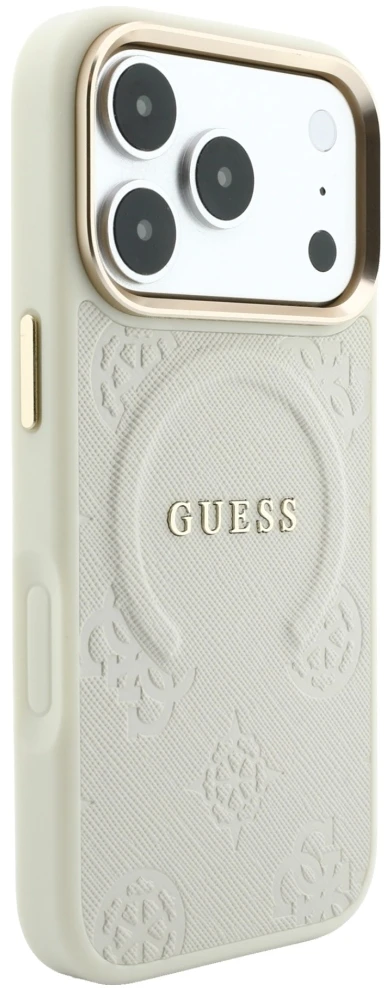 Guess Saffiano Peony & Ring MagSafe dėklas, skirtas iPhone 18 Pro Max / 17 Pro Max, smėlio spalvos