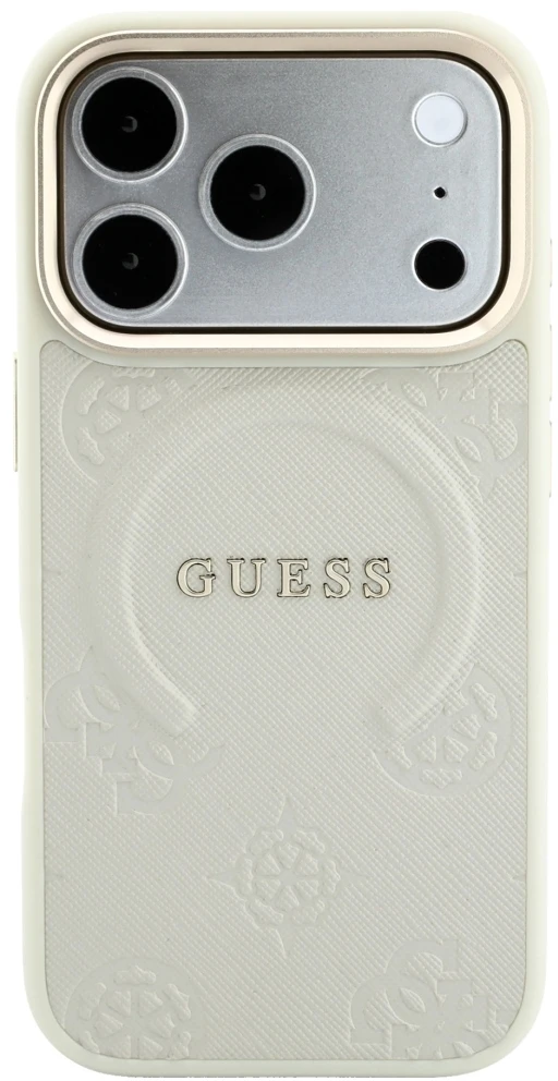 Guess Saffiano Peony & Ring MagSafe dėklas, skirtas iPhone 18 Pro Max / 17 Pro Max, smėlio spalvos