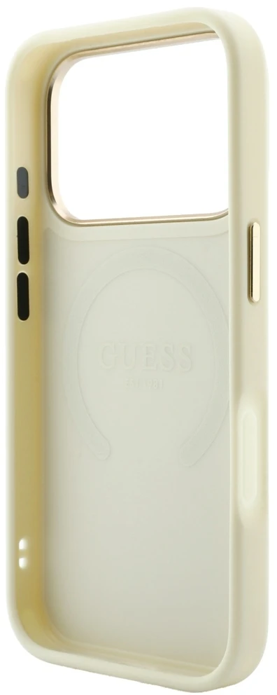 Guess Saffiano Peony & Ring MagSafe dėklas, skirtas iPhone 18 Pro Max / 17 Pro Max, smėlio spalvos