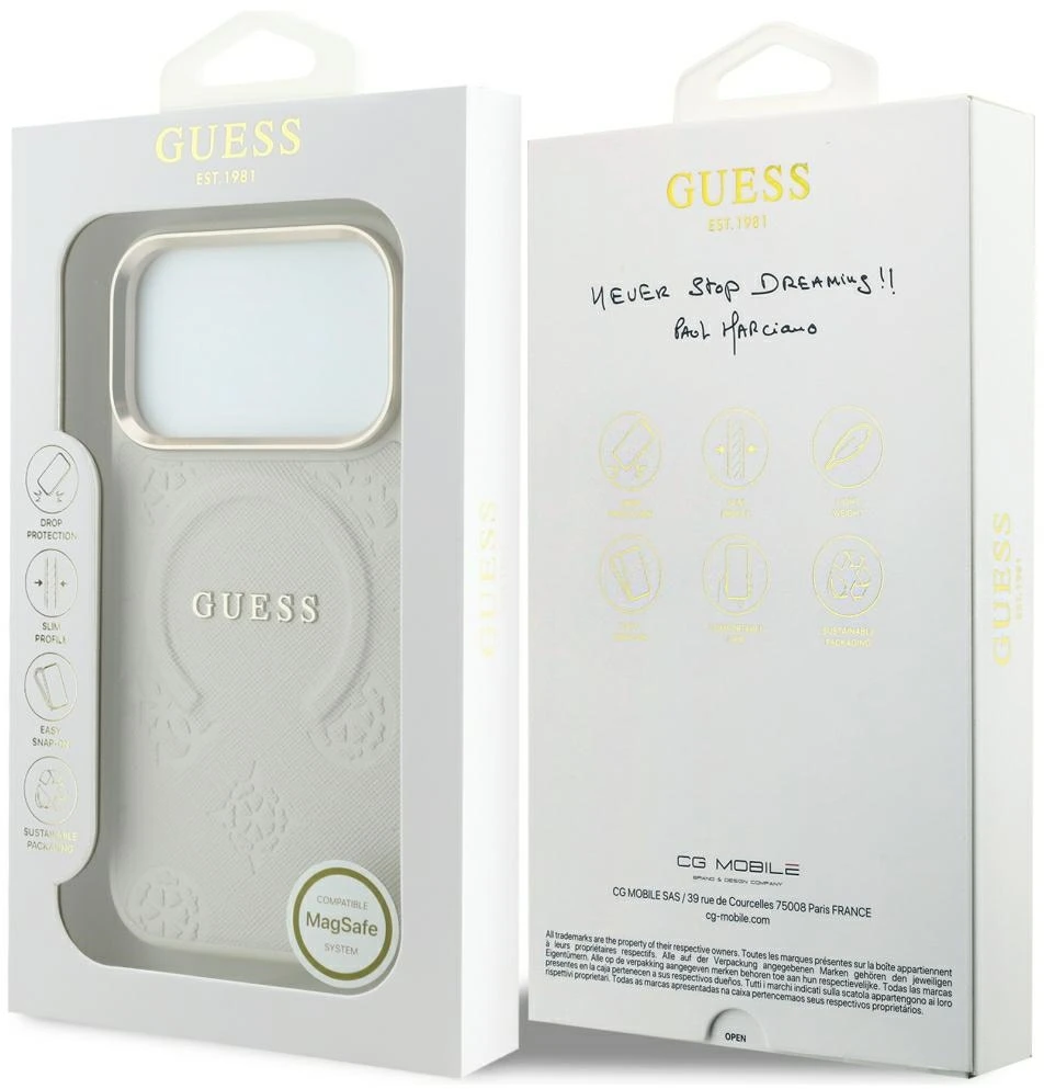 Guess Saffiano Peony & Ring MagSafe dėklas, skirtas iPhone 18 Pro Max / 17 Pro Max, smėlio spalvos