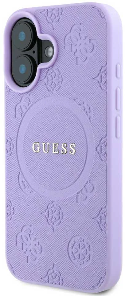 Guess GUHMP16SPSAPSMEU Apple iPhone 16 6.1″ violetinės spalvos kietas dėklas Saffiano Peony Classic Logo MagSafe