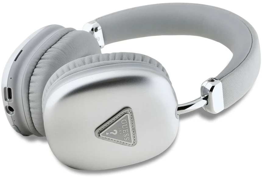 Guess Saffiano PU Leather Triangle Logo belaidės ausinės sidabro spalvos
