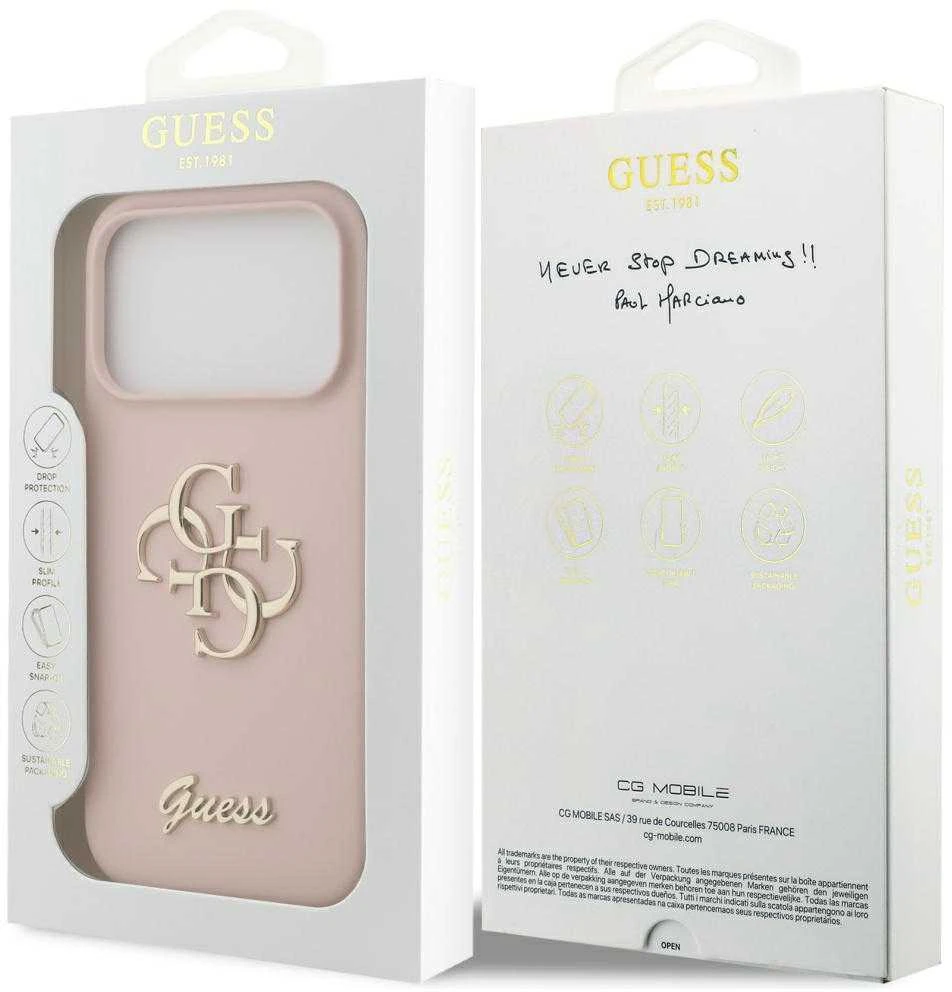 Guess Silicone Big 4G Script Dėklas Apple iPhone 17 Pro rožinės spalvos