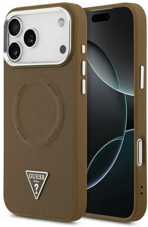 GUESS dėklas, skirtas IPHONE 17 Pro, suderinamas su MagSafe GUHMP17LPSDTSCMW (PU su trikampio logotipu), rudas