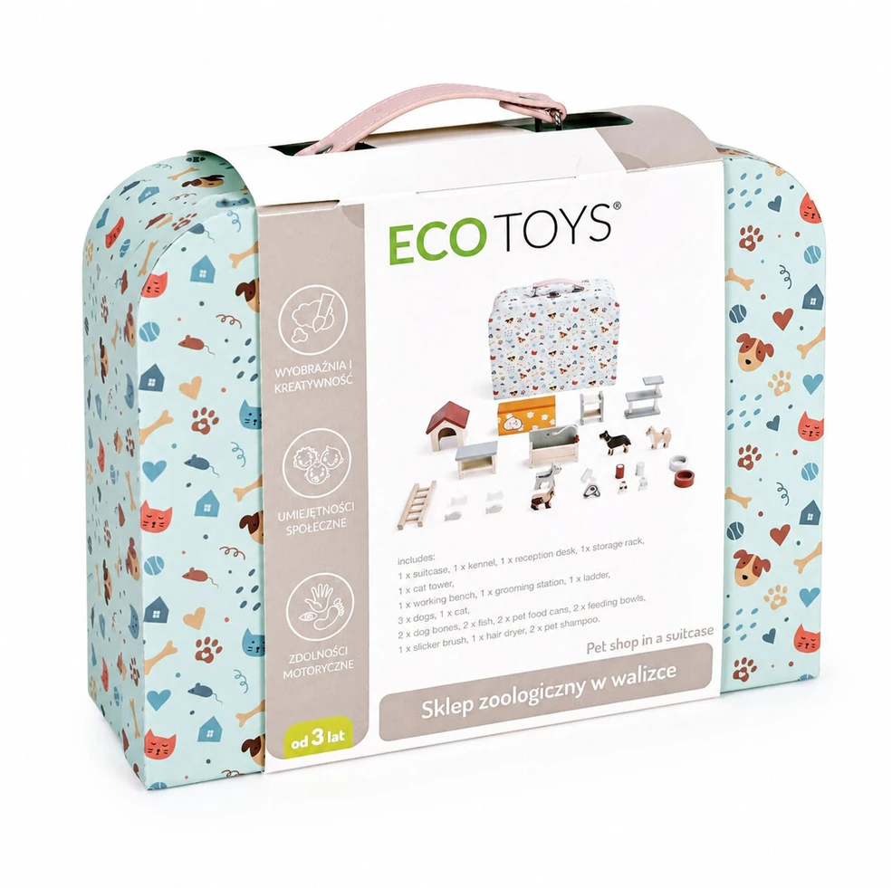 Gyvūnų prekių parduotuvė lagamine, dviaukštė, mediniai baldai, 23 priedų rinkinys ECOTOYS