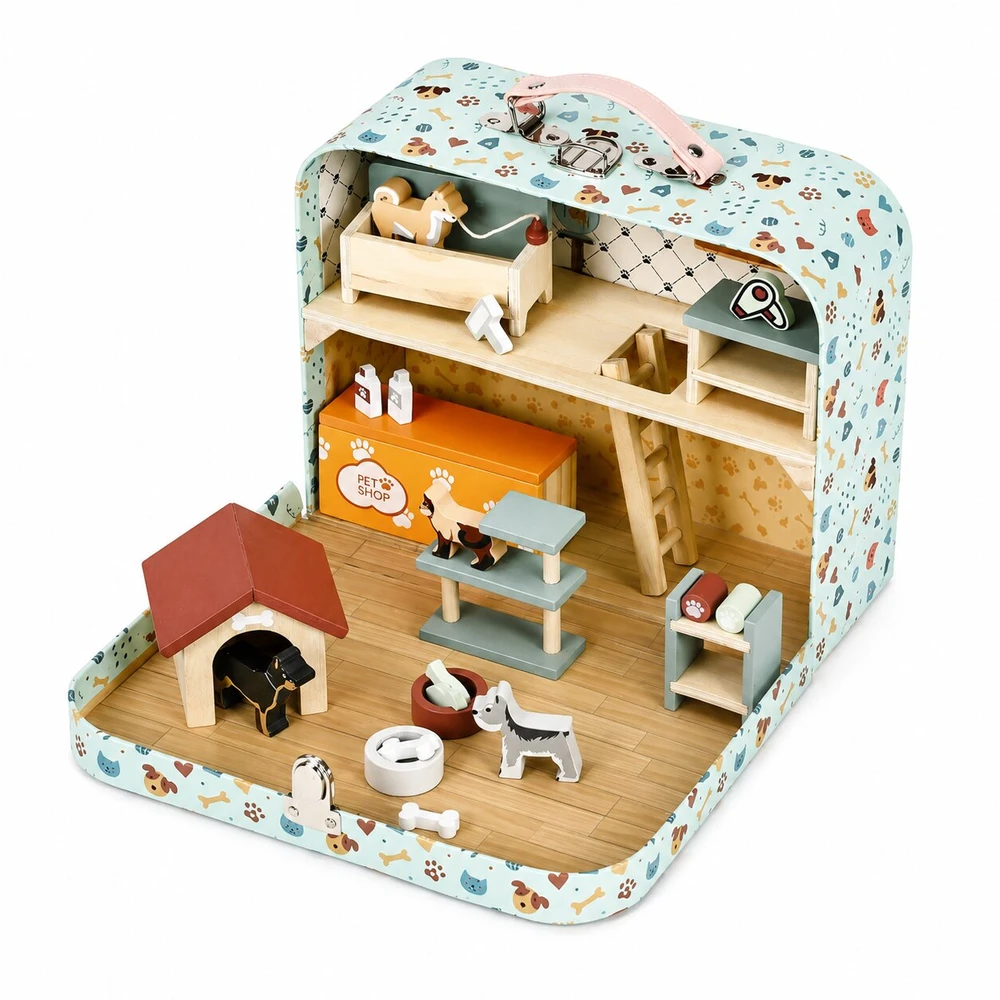 Gyvūnų prekių parduotuvė lagamine, dviaukštė, mediniai baldai, 23 priedų rinkinys ECOTOYS