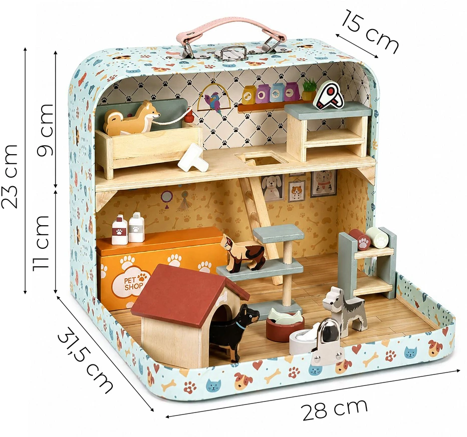 Gyvūnų prekių parduotuvė lagamine, dviaukštė, mediniai baldai, 23 priedų rinkinys ECOTOYS