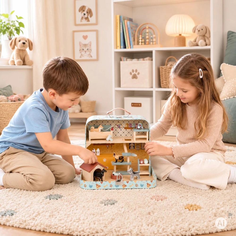 Gyvūnų prekių parduotuvė lagamine, dviaukštė, mediniai baldai, 23 priedų rinkinys ECOTOYS