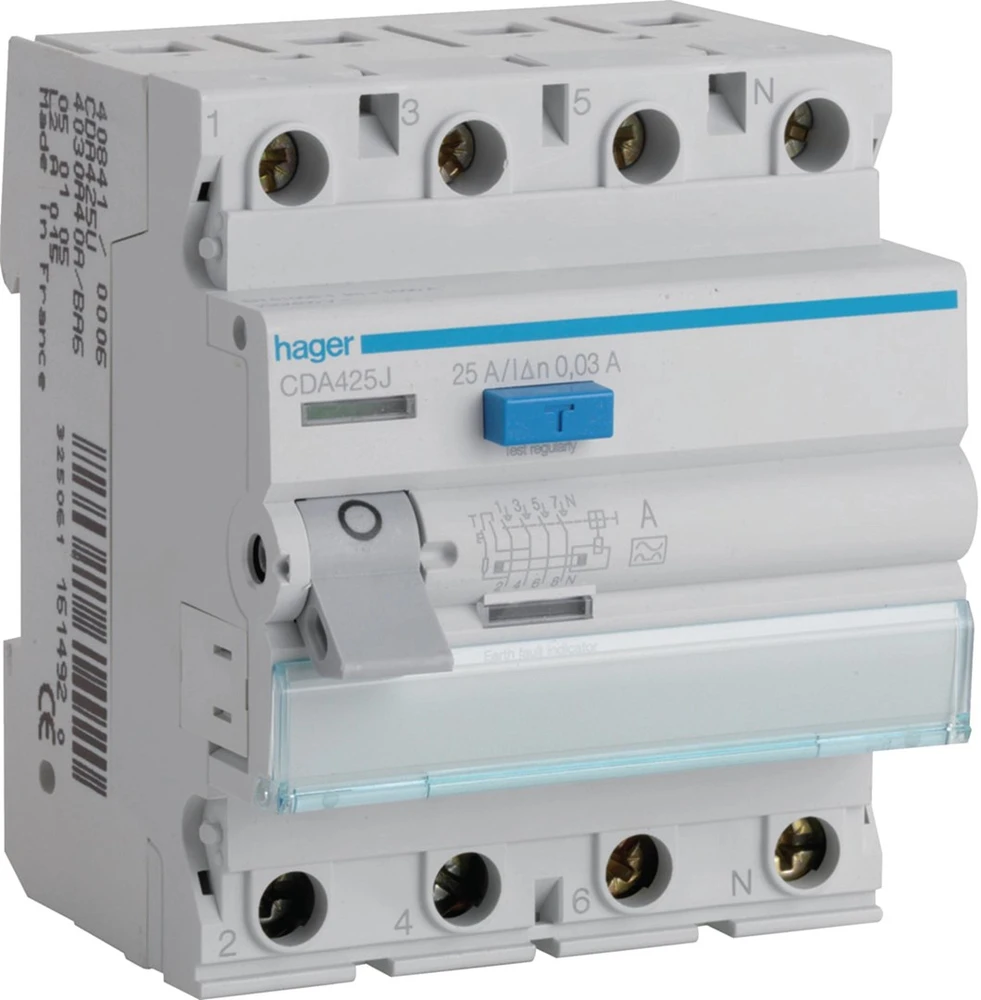 Hager HAG CDA425J 25A/ 30MA/A DIFFERENTIAL CIRCUIT BREAKER 25A 4P 4M 30MA A 6KA