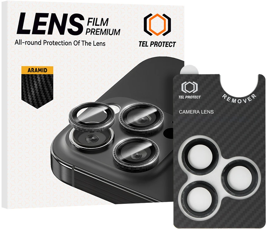 Tel Protect 3D Lens Aramid Series grūdintas stiklas kamerai, skirtas Iphone 18 Pro/18 Pro Max (3 vnt. objektyvų)