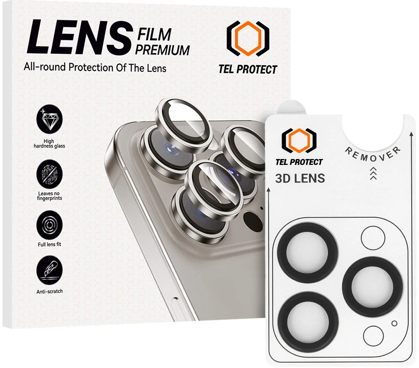 Tel Protect 3D Lens grūdintas stiklas fotoaparatui, skirtas Iphone 18 Pro/18 Pro Max, juodas (3 vnt. objektyvų)