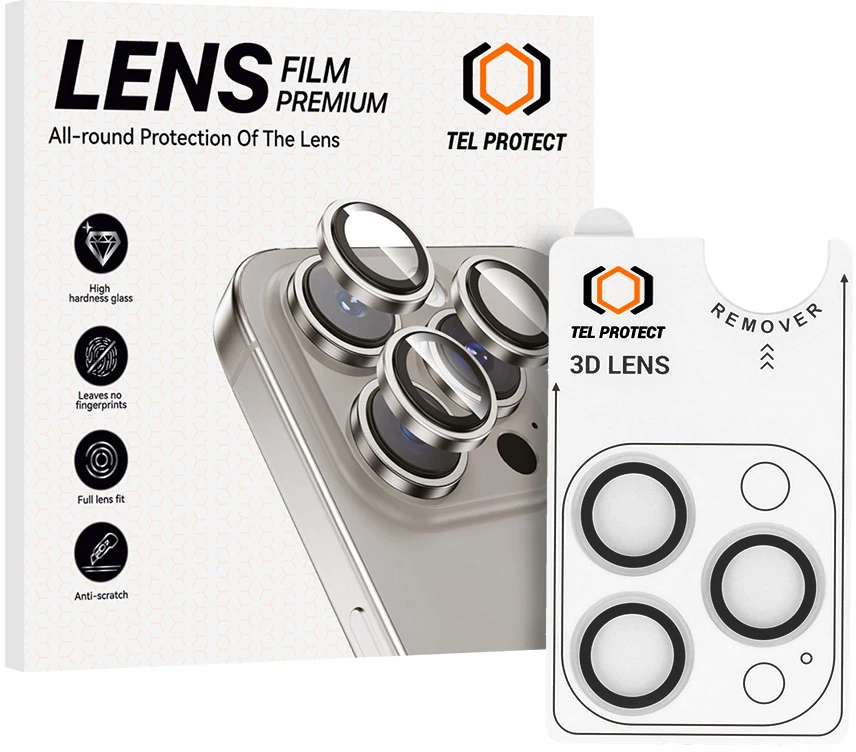Tel Protect 3D Lens grūdintas stiklas fotoaparatui, skirtas Iphone 18 Pro/18 Pro Max, skaidrus (3 vnt. objektyvui)