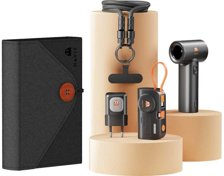 „Havit STK011“ ES kelioninis rinkinys – rinkinys (kelioninis įkroviklis + išorinė baterija + USB-C laidas + rankinis ventiliatorius)