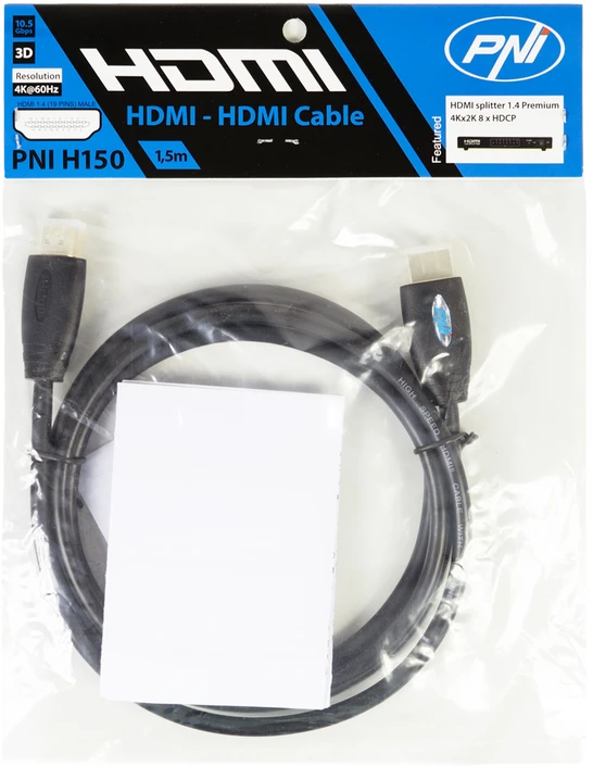 HDMI PNI H150 didelės spartos 1.4V laidas, kištukas-kištukas, Ethernet, paauksuotas, 1,5 m