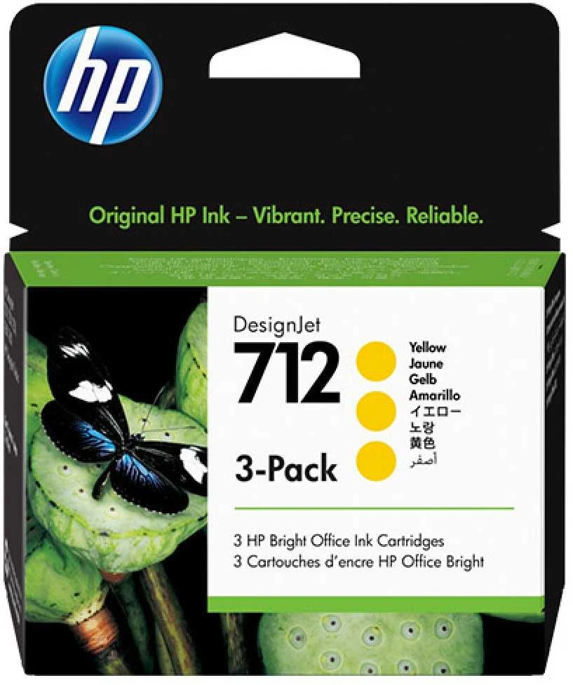 Hewlett Packard (HP) HP 712 geltonos spalvos 3 rašalo kasečių pakuotė, 29 ml, skirtos „DesignJet Studio“, T210, T230, T250, T630, T650