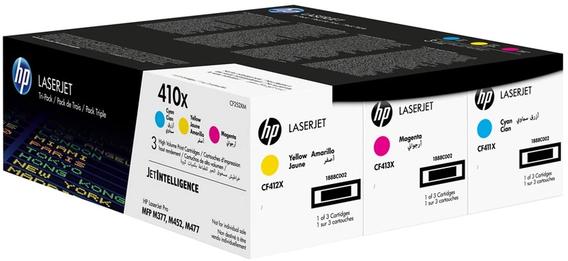 Hewlett Packard (HP) HP 410X 3 pakuočių didelio našumo žalsvai mėlynos spalvos / rausvai raudonos spalvos / geltonos originalios LaserJet dažų kasetės
