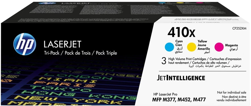 Hewlett Packard (HP) HP 410X 3 pakuočių didelio našumo žalsvai mėlynos spalvos / rausvai raudonos spalvos / geltonos originalios LaserJet dažų kasetės
