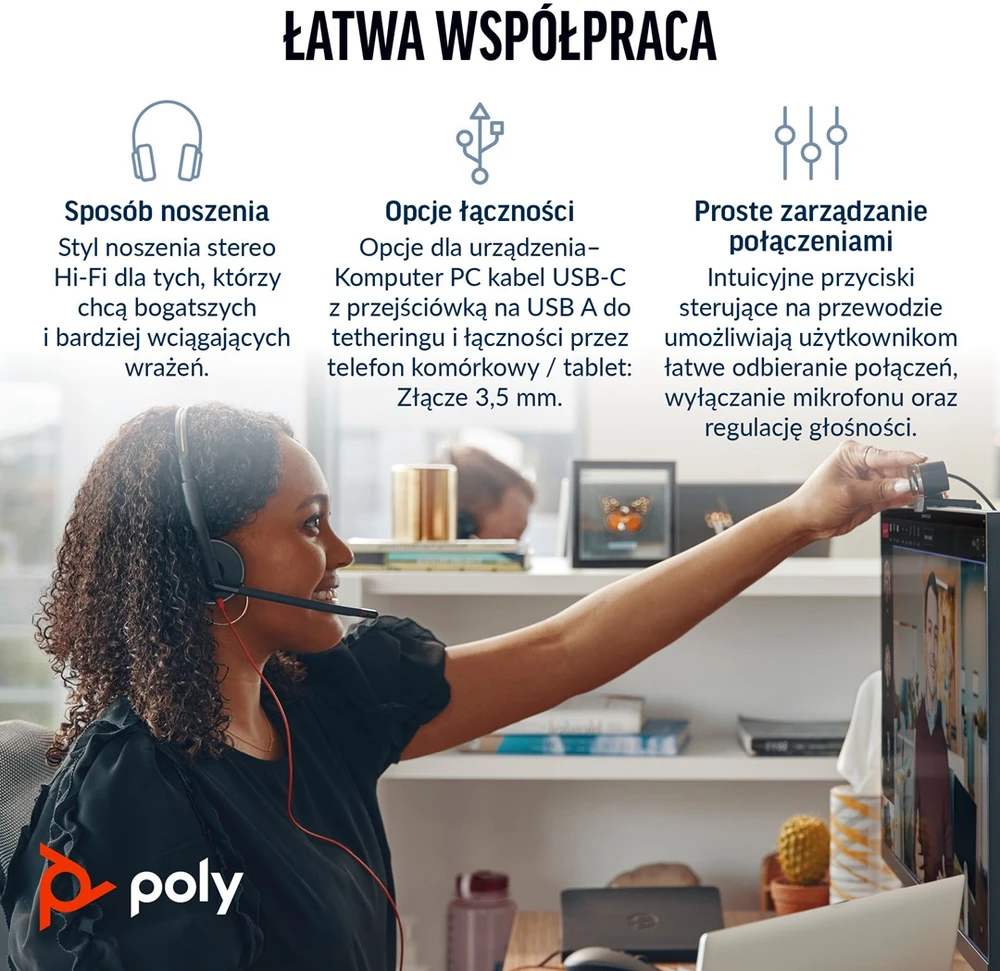 HP Poly „Poly Blackwire 3225“ stereofoninės ausinės su „USB-C“ jungtimi, 3,5 mm kištuku ir „USB-C/A“ tipo adapteriu (didelis kiekis)