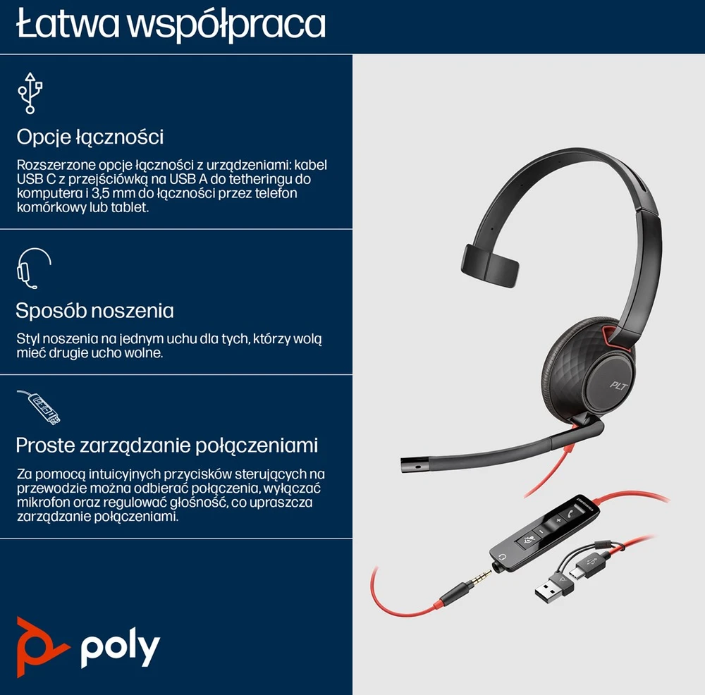 Hewlett Packard (HP) „Poly Blackwire 5210“ USB-C laidas + 3,5 mm kabelis + USB-C/A laidas