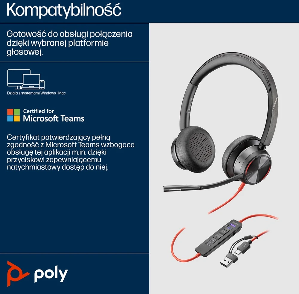 Hewlett Packard (HP) HP Poly Blackwire 8225 stereofoninis Microsoft Teams sertifikuotas USB-C Ausinės +USB-C/A adapteris