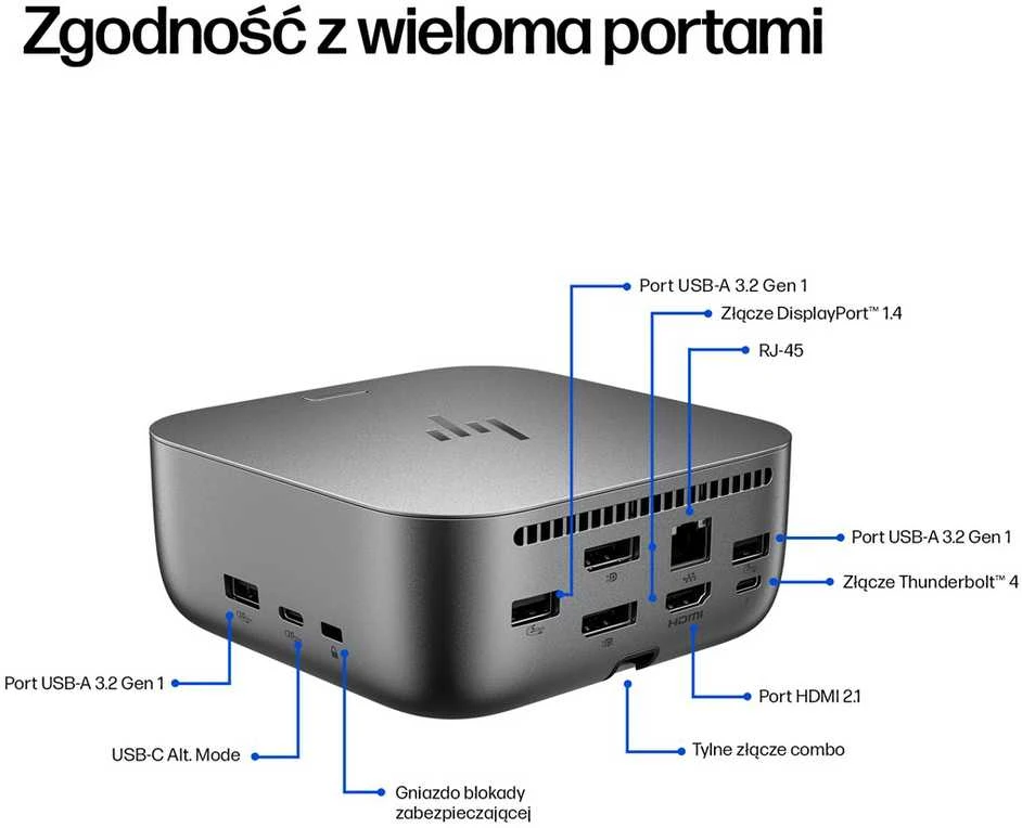 HP „Thunderbolt 4 Dock G6 100W“ – 3x USB-A, 2x USB-C, 1x USB-C „Thunderbolt 4“, 2x DisplayPort, 1x HDMI, 1x RJ-45, „Meteor Sidabrinis“, 3 metai