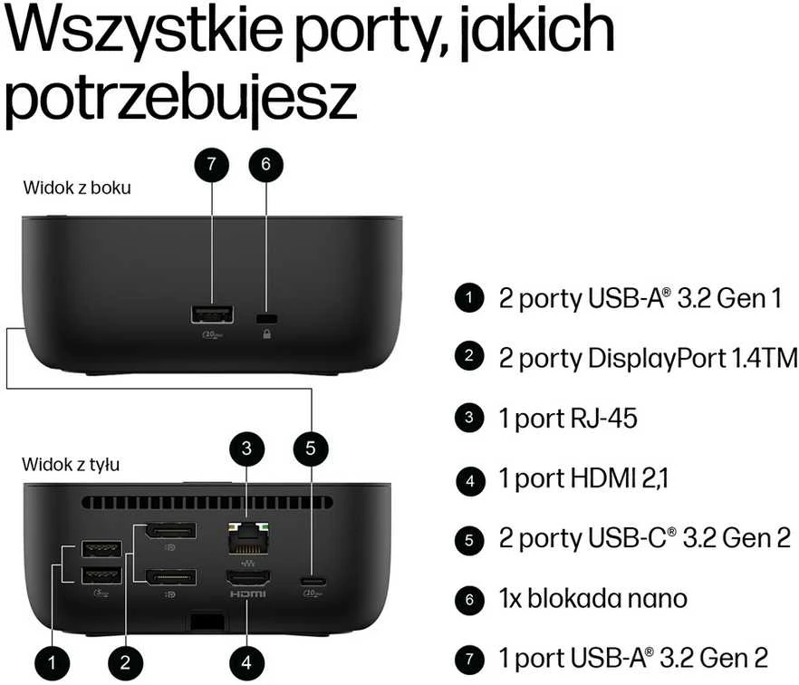 HP USB-C dokas G6 100W - 3x USB 3.2, 2x USB-C (15W), 2x DisplayPort 1.4, 1x HDMI 2.1, 1x RJ-45, 1x nano užrakto lizdas, 3 metai