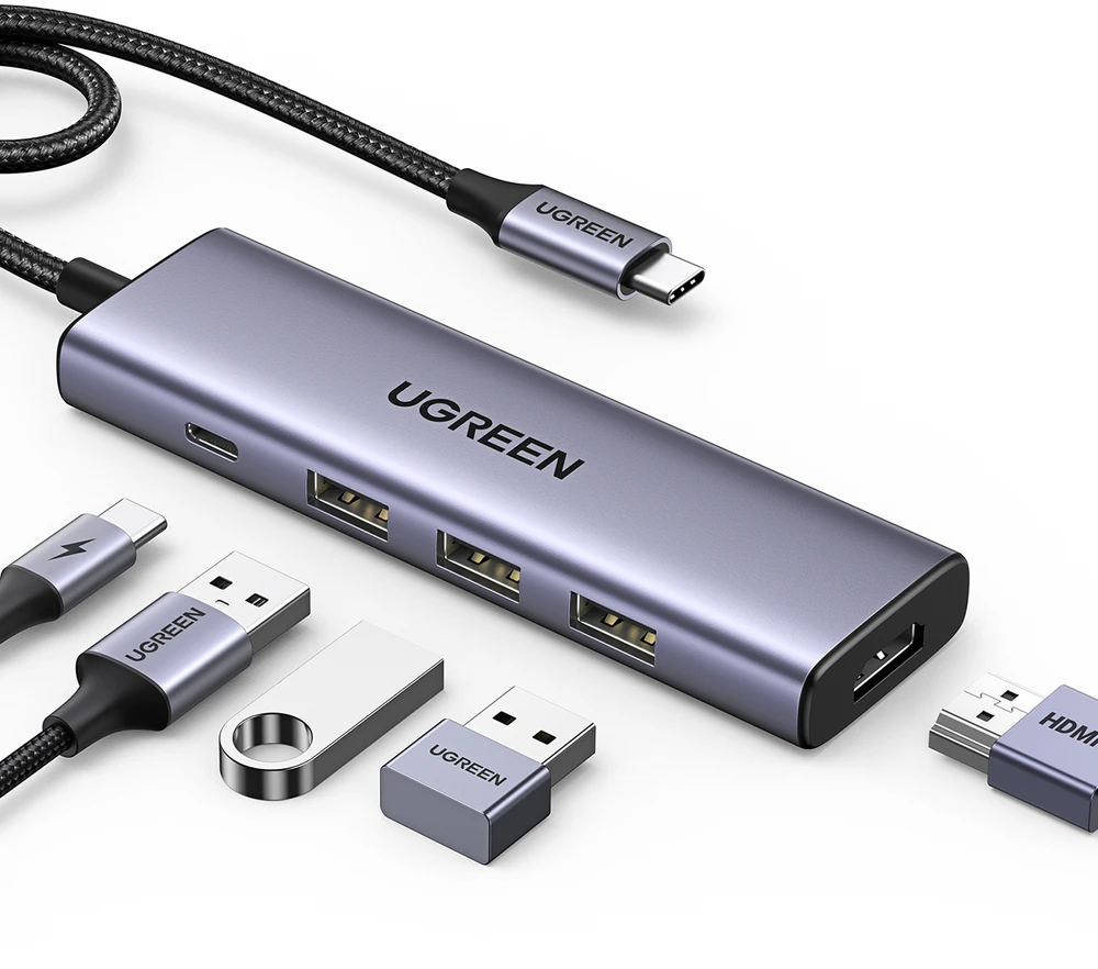 Ugreen CM511 15597 5in1 USB-C šakotuvas – USB-C PD / HDMI / 3x USB-A 3.0 – pilkos spalvos