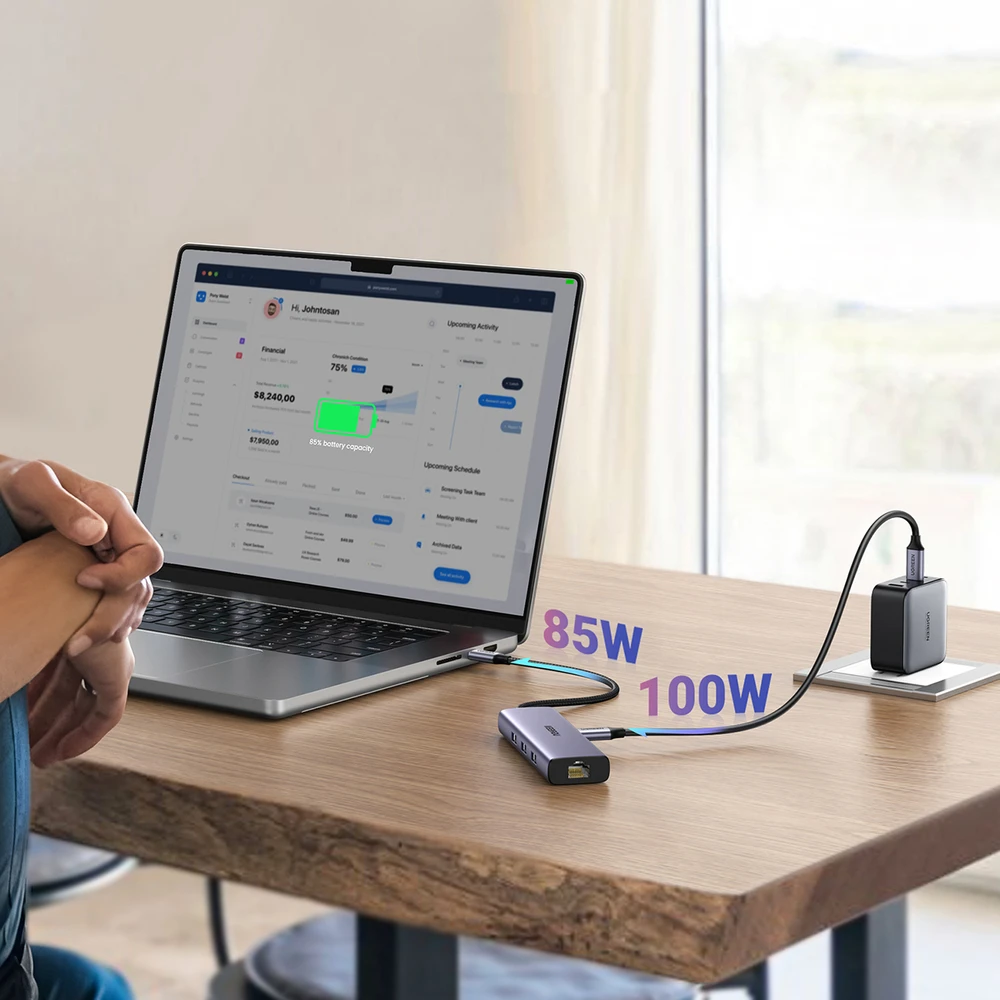 ŠAKOTĖLIS Ugreen CM512 15598 6in1 USB-C – 3x USB-A 3.0 / HDMI / RJ45 / USB-C PD - pilka