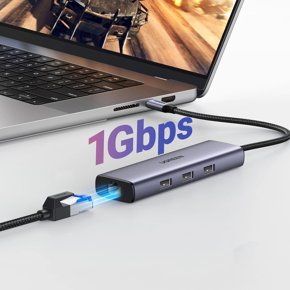 ŠAKOTĖLIS Ugreen CM512 15598 6in1 USB-C – 3x USB-A 3.0 / HDMI / RJ45 / USB-C PD - pilka