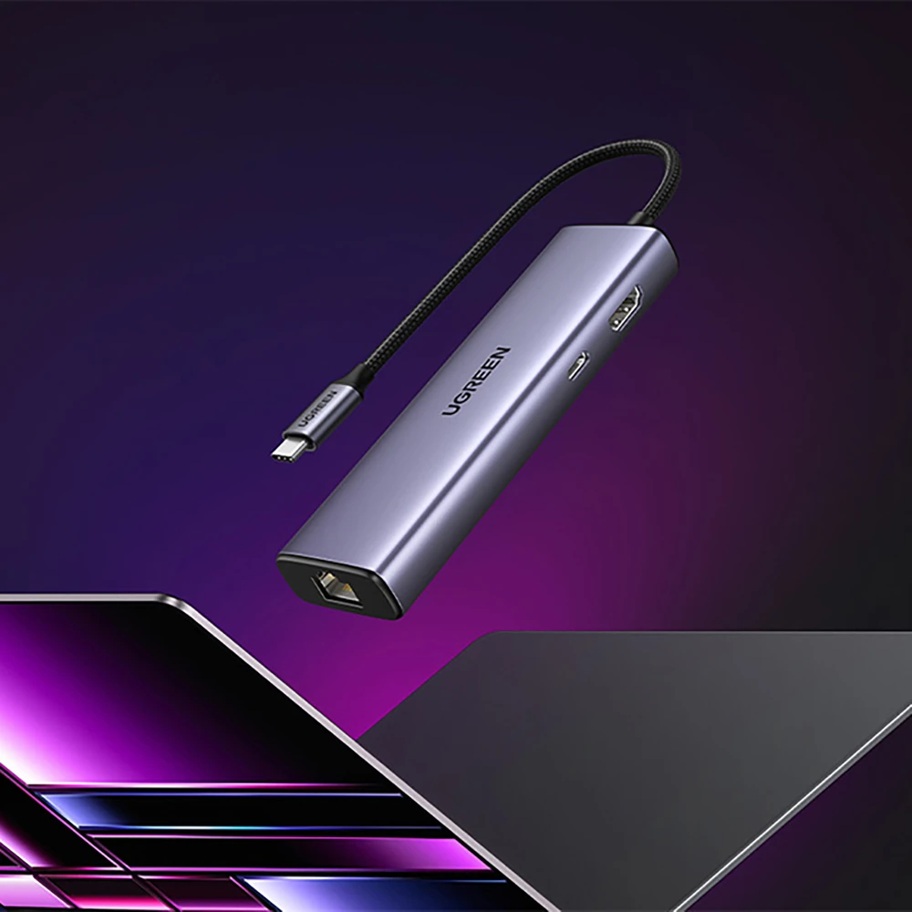 ŠAKOTĖLIS Ugreen CM512 15598 6in1 USB-C – 3x USB-A 3.0 / HDMI / RJ45 / USB-C PD - pilka