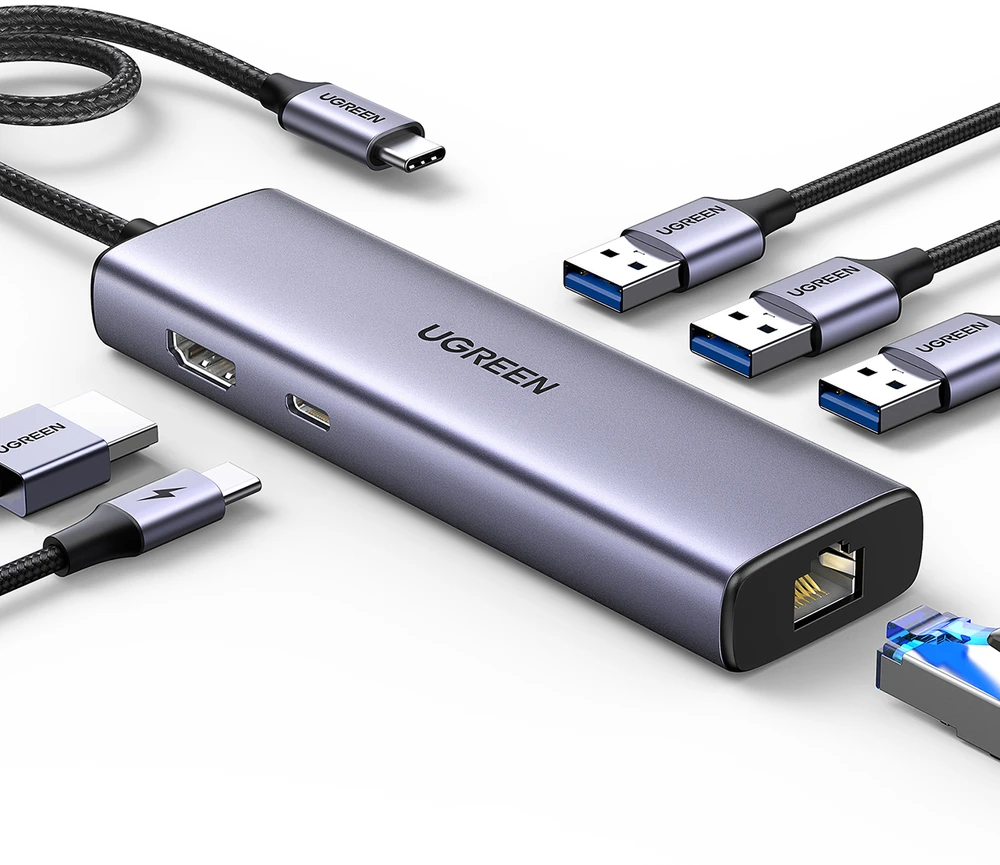 ŠAKOTĖLIS Ugreen CM512 15598 6in1 USB-C – 3x USB-A 3.0 / HDMI / RJ45 / USB-C PD - pilka