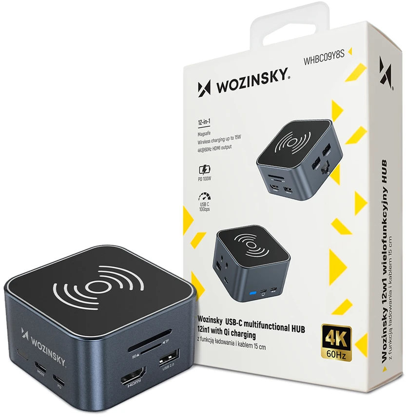 Daugiafunkcis USB-C šakotuvas 12-in-1 Wozinsky WHBC09Y8S, su belaidžio įkrovimo funkcija, aliuminis, su 15 cm laidu – pilkos spalvos