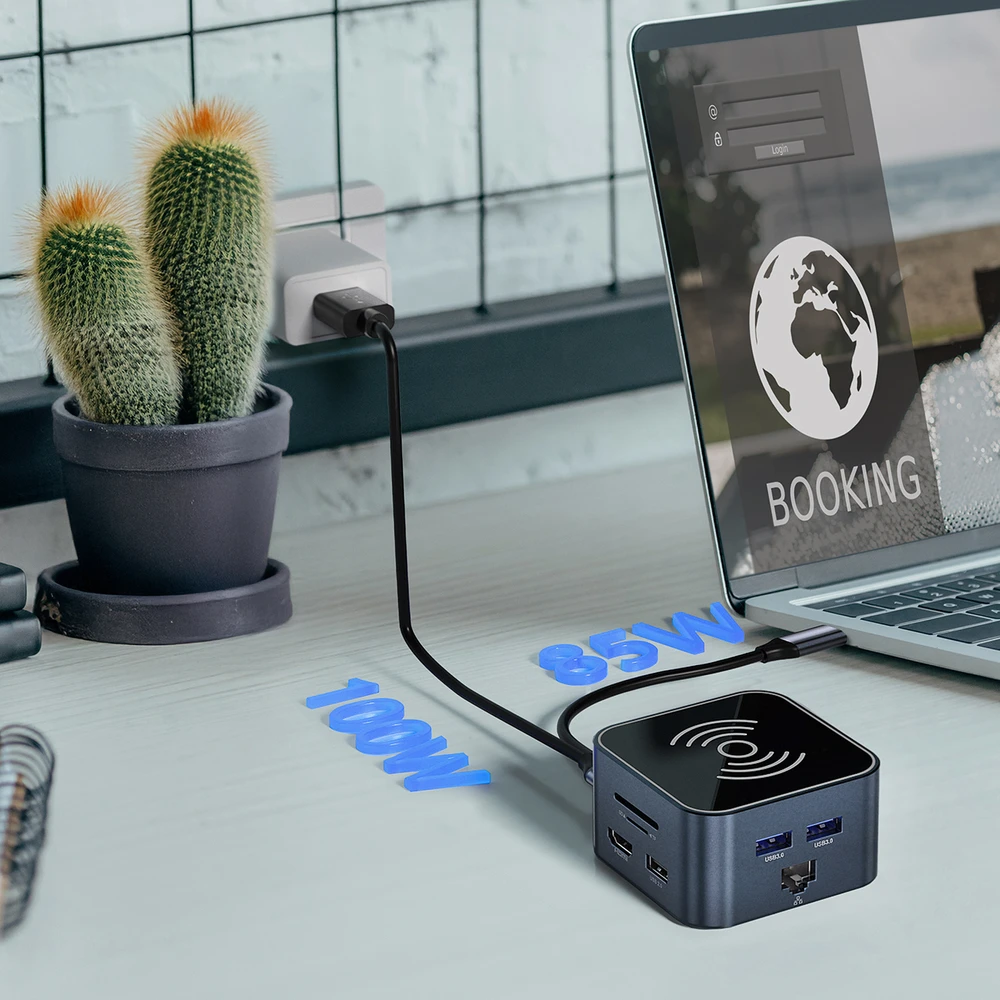 Daugiafunkcis USB-C šakotuvas 12-in-1 Wozinsky WHBC09Y8S, su belaidžio įkrovimo funkcija, aliuminis, su 15 cm laidu – pilkos spalvos
