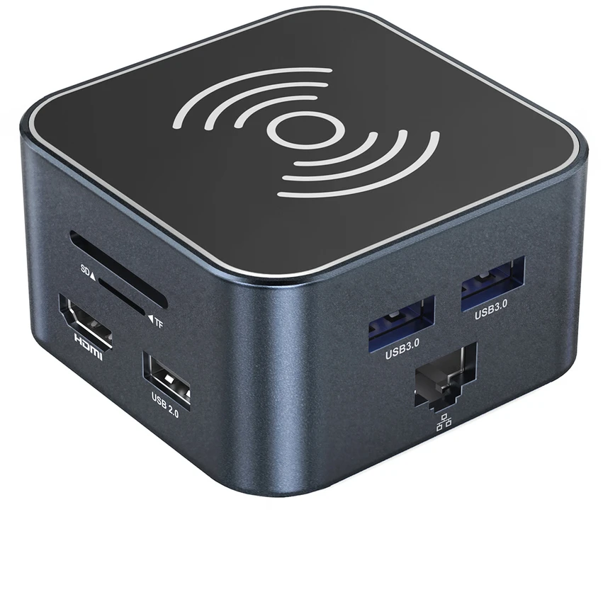 Hub USB-C 12 in 1 Wozinsky WHBC09Y8S multifunctional, with wireless charging function, aluminum, with 15 cm cable – pilkos spalvos