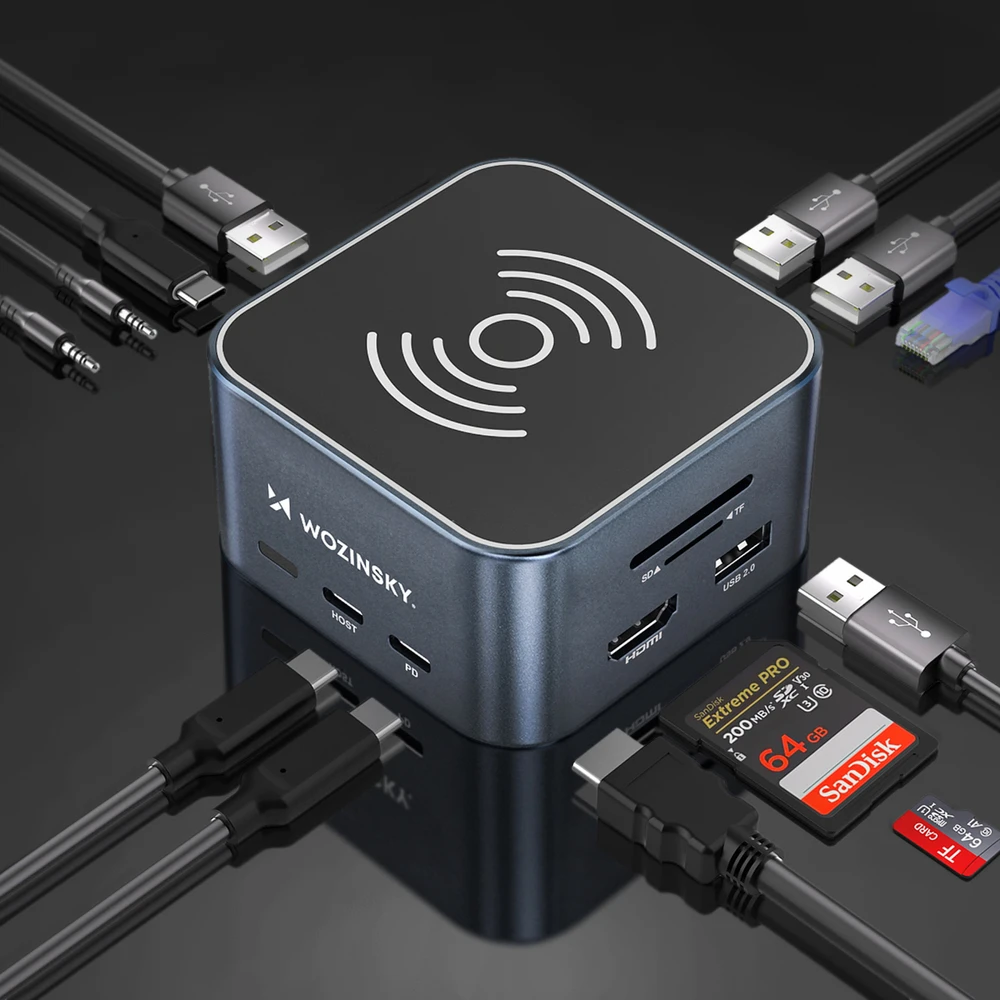Hub USB-C 12 in 1 Wozinsky WHBC09Y8S multifunctional, with wireless charging function, aluminum, with 15 cm cable – pilkos spalvos
