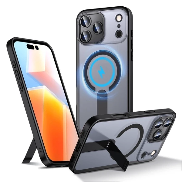 „Hurtel Hybrid Armor X“ dėklas, skirtas „Samsung Galaxy S26“ su stovu, suderinamas su „MagSafe“ – juodos spalvos